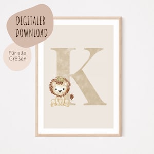 Descarga digital MyBaby123® | Cartel de letra inicial | Cuadros de habitaciones infantiles | Póster habitación infantil | Decoración de la habitación del bebé | Mural (León K)