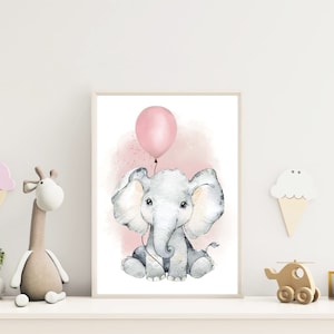 MeinBaby123® set de 3 cuadros DIN A4 habitación infantil | Póster decoración de la habitación de los niños | Decoración de la habitación del bebé | Murales con frases (elefante y globo rosa)