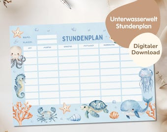 PDF timetable for girls and boys to download | Print timetable | Digital timetable download - Underwater world motifs
