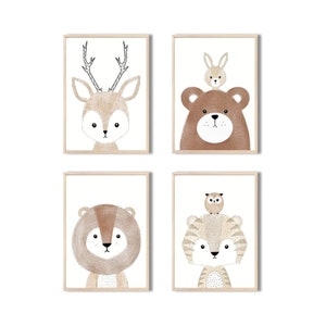 MeinBaby123® juego de 4 cuadros DIN A4 habitación infantil | Póster de animales para decoración de guardería | Decoración de la habitación del bebé | Murales de animales (Cuatro amigos)