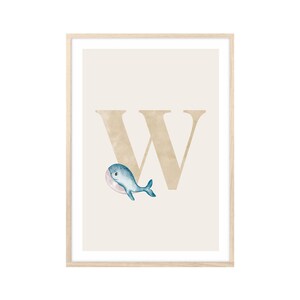 MeinBaby123® Cuadros DIN A4 habitación infantil | Letras iniciales | Póster decoración de la habitación de los niños | Decoración de la habitación del bebé | Murales de citas (ballena dulce - W)