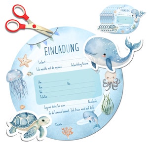 Onderwaterwereld uitnodigingskaarten voor kinderverjaardag | Verjaardagsuitnodigingen voor kinderen | Maak uitnodigingskaarten voor walvissen, schildpadden en dolfijnen