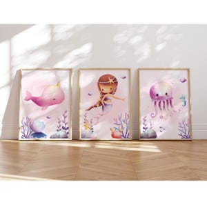 Lindos carteles de sirena A4 para habitaciones infantiles, juego de 3, sirena, carteles de sirena, decoración de habitaciones infantiles para niñas, carteles para niñas