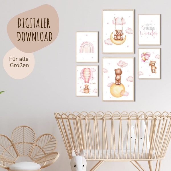 Download digitale MyBaby123® | Set di 6 poster con frasi carine | Immagini cameretta per bambini | Poster per la cameretta (Stars & Bear V1)