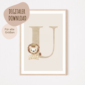 Descarga digital MyBaby123® | Cartel de letra inicial | Cuadros de habitaciones infantiles | Póster habitación infantil | Decoración de la habitación del bebé | Mural (León U)