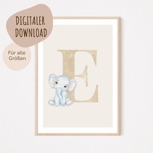 Descarga digital MyBaby123® | Cartel de letra inicial | Cuadros de habitaciones infantiles | Habitación infantil | Decoración de la habitación del bebé | Mural (Elefante E)