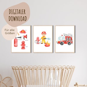 MeinBaby123® Digital Download | Fire Department Poster Set of 3 | Children&#39;s Room Pictures | Children&#39;s Room Poster with Fire Department Motif | (Fire Department Set V3)
