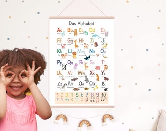 MeinBaby123® A2 alfabetposter | Letters leren | ABC-leerposter voor de basisschool | Muurdecoratie voor de kinderkamer | Leren lezen (poster met dieren als thema)