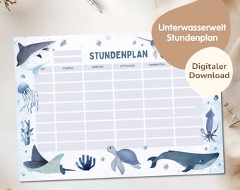 PDF timetable for girls and boys to download | Print timetable | Digital timetable download - Underwater world motifs