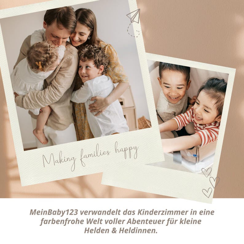 Op de afbeelding: Twee Polaroid-foto's van families. De eerste foto toont een gezin van vier, een stel met twee kinderen, die elkaar omhelzen. De tweede foto toont twee kinderen, een jongen en een meisje, die lachen en naar de camera kijken. De tekst "Making families happy" staat onderaan de eerste foto.
