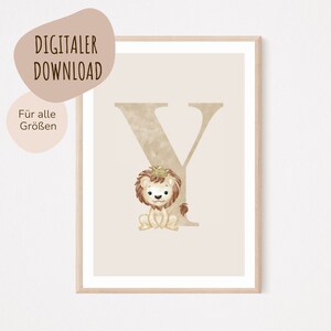 Descarga digital MyBaby123® | Cartel de letra inicial | Cuadros de habitaciones infantiles | Póster habitación infantil | Decoración de la habitación del bebé | Mural (León Y)