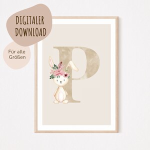 Descarga digital MyBaby123® | Cartel de letra inicial | Cuadros de habitaciones infantiles | Póster habitación infantil | Decoración de la habitación del bebé | Mural (Conejo P)