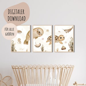 MeinBaby123® Digitaler Download | 3er Set Unterwasserwelt Poster | Bilder Kinderzimmer | Kinderzimmer Poster, Wal, Schildkröte, Robbe (V6)