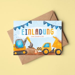 Cartões de convite de escavadeira para aniversário infantil | Convites de aniversário para meninos | Cartões de convite de veículos de construção para aniversários infantis