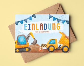 Excavator-themed birthday party invitations for children | Birthday invitations for boys | Construction vehicle invitations for children's birthday parties