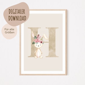 Descarga digital MyBaby123® | Cartel de letra inicial | Cuadros de habitaciones infantiles | Póster habitación infantil | Decoración de la habitación del bebé | Mural (Liebre H)