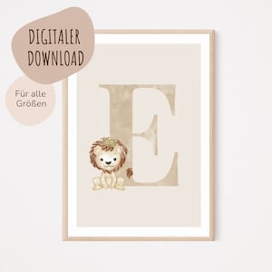 Descarga digital MyBaby123® | Cartel de letra inicial | Cuadros de habitaciones infantiles | Póster habitación infantil | Decoración de la habitación del bebé | Mural (León E)