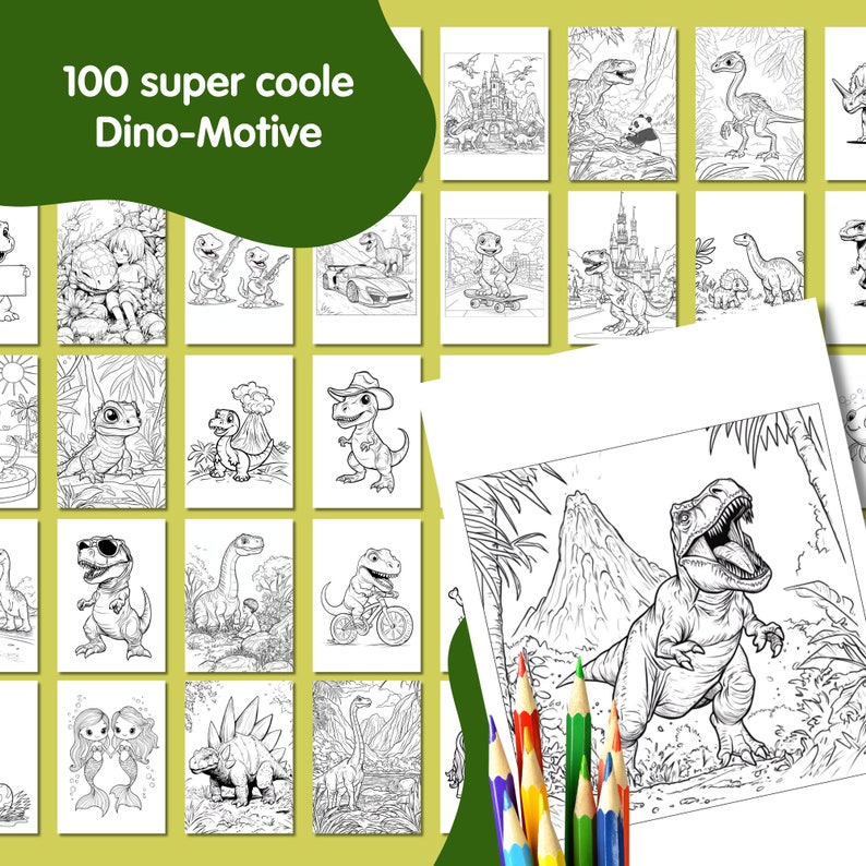 May include: A set of 100 coloring pages featuring dinosaurs in various poses and settings. The pages are printed on white paper and are ready to be colored with crayons, markers, or colored pencils. The title "100 super coole Dino-Motive" is printed at the top of the page.