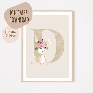 Descarga digital MyBaby123® | Cartel de letra inicial | Cuadros de habitaciones infantiles | Póster habitación infantil | Decoración de la habitación del bebé | Mural (Conejo D)
