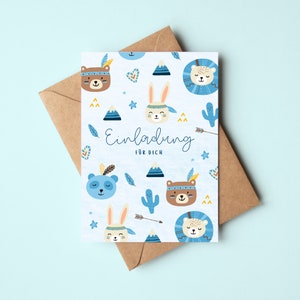 Cartes d'invitation d'anniversaire pour enfants Boho en bleu | Invitations d'anniversaire pour les enfants | Cartes d'invitation d'anniversaire pour enfants
