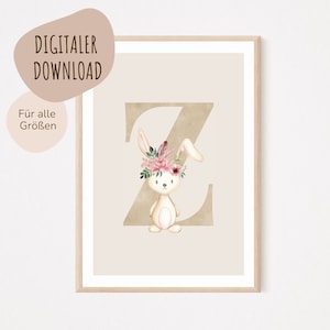 Descarga digital MyBaby123® | Cartel de letra inicial | Cuadros de habitaciones infantiles | Póster habitación infantil | Decoración de la habitación del bebé | Mural (Conejo Z)