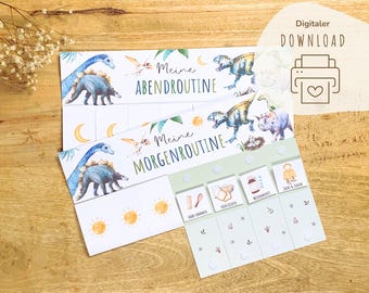May include: Printable dinosaur themed routine charts for kids. The charts are designed to help children learn about morning and evening routines. The charts feature illustrations of dinosaurs, suns, moons, and other objects related to routines. The text on the charts reads "Meine Morgenroutine" and "Meine Abendroutine".