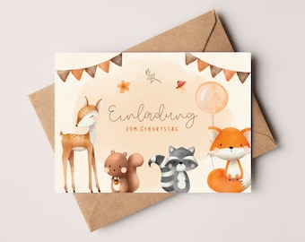 Invitaciones de cumpleaños con adorables animales del bosque | Invitaciones de cumpleaños para niños | Tarjetas de invitación estilo boho para niños
