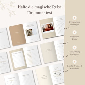 May include: A pregnancy journal with beige and white pages featuring prompts, photo spaces, and trackers. The text includes "Halte die magische Reise f&uuml;r immer fest," "Erinnerungen verewigen," "Liebevolle Zitate," "Entwicklung festhalten," and "Events, Tracker & Fotoseiten" alongside various German headings.