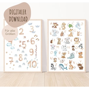 MeinBaby123® Descarga digital Conjunto de 2 | Póster de números | Póster ABC | Cuadros de habitaciones infantiles | Póster habitación infantil | Póster de aprendizaje (conjunto 2)