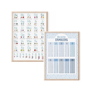 MeinBaby123® A4 2er Set | Lernposter Grundschrift | 1x1 Poster für Kinder Kindergarten, Vorschule, Grundschule | + Übungsblätter (A4 blau)