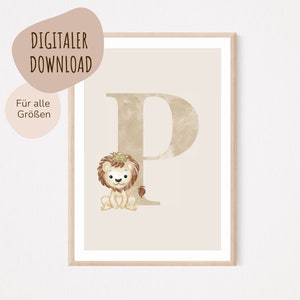 Descarga digital MyBaby123® | Cartel de letra inicial | Cuadros de habitaciones infantiles | Póster habitación infantil | Decoración de la habitación del bebé | Mural (León P)