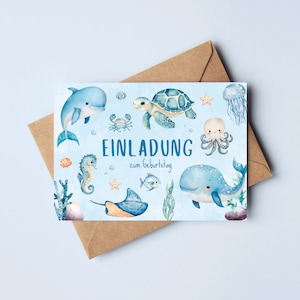Cartões de convite do mundo subaquático para aniversário infantil | Convites de aniversário para crianças | Cartões de convite de baleia, tartaruga e golfinho