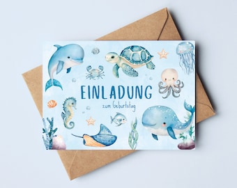 Underwater world invitation cards for children's birthday | Birthday invitations for children | Whale, turtle, dolphin invitation cards