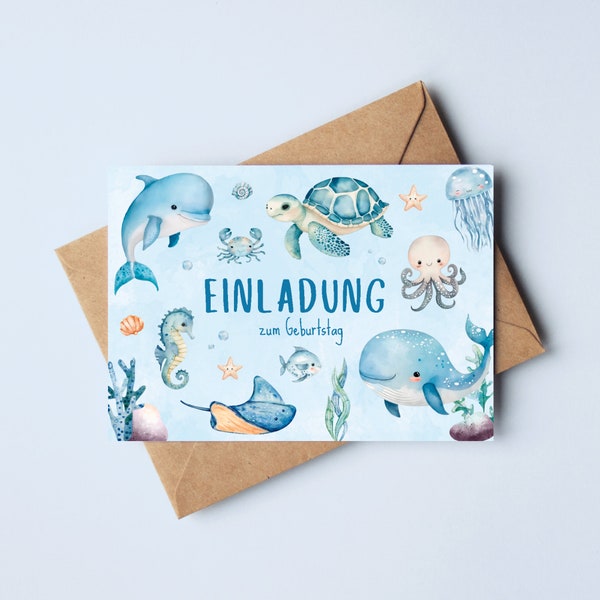 Unterwasserwelt Einladungskarten Kindergeburtstag | Geburtstagseinladungen für Kinder | Wal, Schildkröte, Delfin Einladungskarten