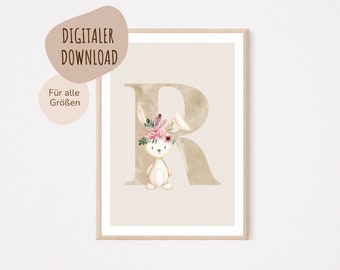 MeinBaby123® Digital Download | Initial Letter Poster | Nursery Pictures | Nursery Poster | Baby Room Decoration | Wall Art (Rabbit R)