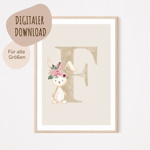 Descarga digital MyBaby123® | Cartel de letra inicial | Cuadros de habitaciones infantiles | Póster habitación infantil | Decoración de la habitación del bebé | Mural (Conejo F)