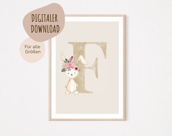 MeinBaby123® Digital Download | Initial Letter Poster | Nursery Pictures | Nursery Poster | Baby Room Decoration | Wall Art (Rabbit F)