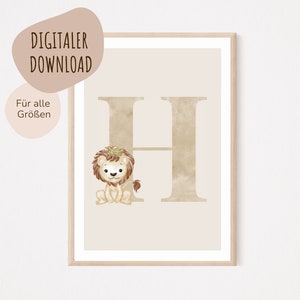 Descarga digital MyBaby123® | Cartel de letra inicial | Cuadros de habitaciones infantiles | Póster habitación infantil | Decoración de la habitación del bebé | Mural (León H)