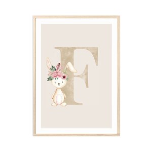 MeinBaby123® DIN A4 imágenes guardería | Letras iniciales | Póster decoración de la habitación de los niños | Decoración de la habitación del bebé | Cita de arte de pared (conejo - F)