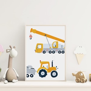 MeinBaby123® juego de 6 carteles de excavadoras DIN A4 y DIN A5 | Cuadros decoración habitación infantil | vehículos de construcción, grúas | cuarto de bebe | Murales (Excavadora V2)