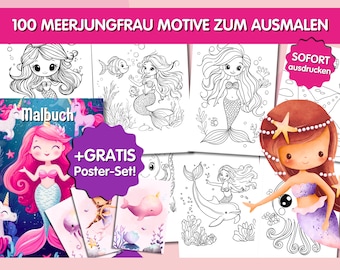 100 Druckbare Malseiten für Kinder – Ausmalbilder Meerjungfrauen zum Ausdrucken, Kreative Malvorlagen, PDF Malbuchseiten für Kinder