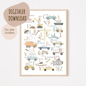 Descarga digital MyBaby123® | Póster de aprendizaje ABC de vehículos de construcción | Fotos de habitaciones infantiles chicos | Póster habitación infantil, excavadora (vehículos ABC)