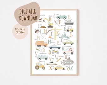 MeinBaby123® Digitaler Download | Baufahrzeuge ABC Lernposter | Bilder Kinderzimmer Jungs | Kinderzimmer Poster, Bagger (Fahrzeuge ABC )