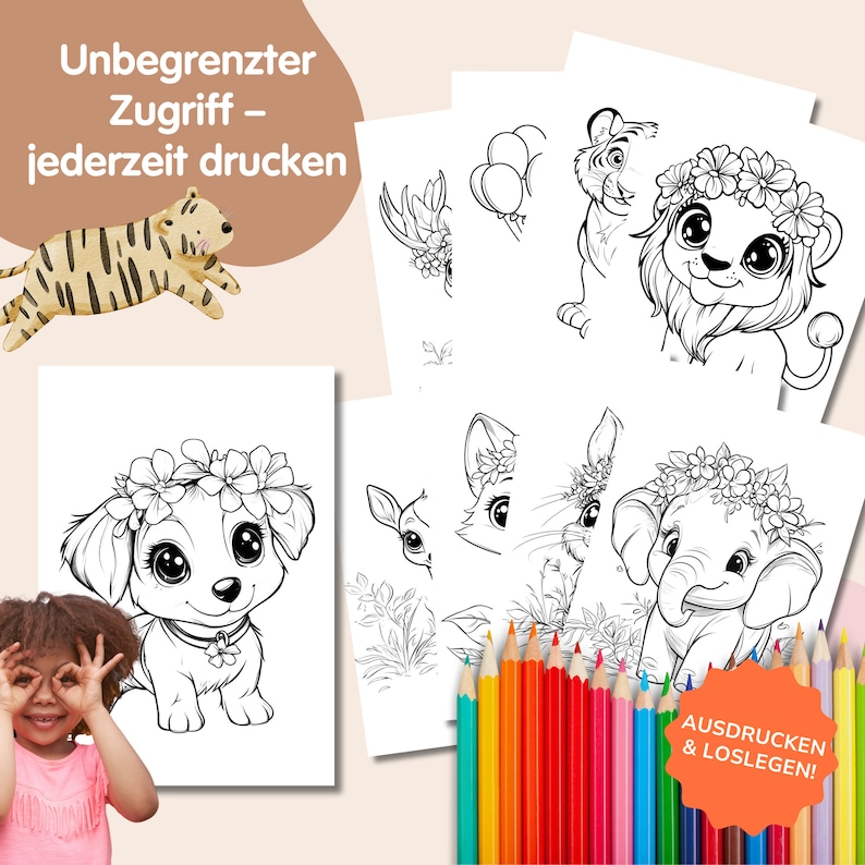 Puede incluir: Un conjunto de p&aacute;ginas para colorear imprimibles con animales adorables que llevan coronas de flores. Los animales incluyen un tigre, un le&oacute;n, un elefante, un ciervo y un cachorro. El texto "AUSDRUCKEN & LOSLEGEN!" es visible en la esquina inferior derecha de la imagen.