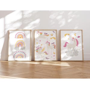 MeinBaby123® Juego de 3 imágenes de unicornios DIN A4 para habitación infantil | Póster decoración de la habitación de los niños | Decoración de la habitación del bebé | Murales (Unicornio V7)