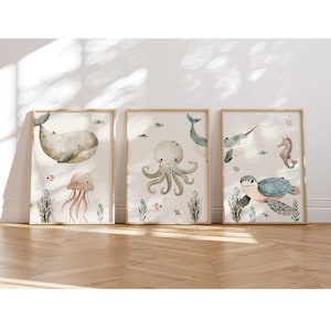 Cute sea creatures A4 poster children's room set of 3, cute whale, turtle, jellyfish, children's room decoration, children's room pictures, underwater world
