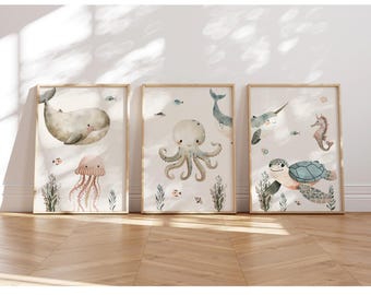 Süße Meerestiere A4 Poster Kinderzimmer 3er Set, süßer Wal, Schildkröte, Qualle, Kinderzimmer Deko, Kinderzimmer Bilder, Unterwasserwelt