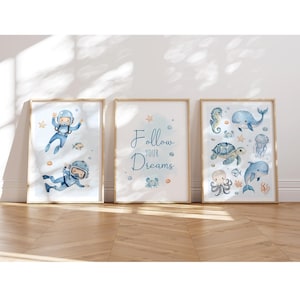 Mundo submarino Póster A4 para habitación infantil, juego de 3, linda ballena, tortuga, delfín, caballito de mar, decoración para habitación infantil, imágenes para habitación infantil