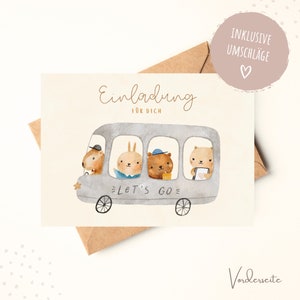 Cartes d'invitation d'anniversaire pour enfants Boho | Invitations d'anniversaire pour garçons et filles | Cartes d'invitation bohème pour enfants (bus des amis)