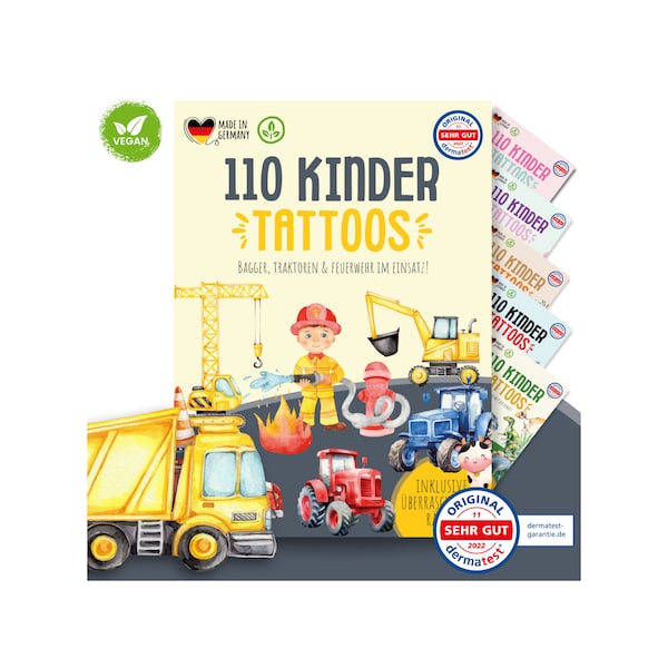 MeinBaby123® 110 hautfreundliche Hauttattoos für Kinder, Bagger Feuerwehr & Bauernhof Tattoos, Geschenk Kinder, Mitgebsel Kindergeburtstag